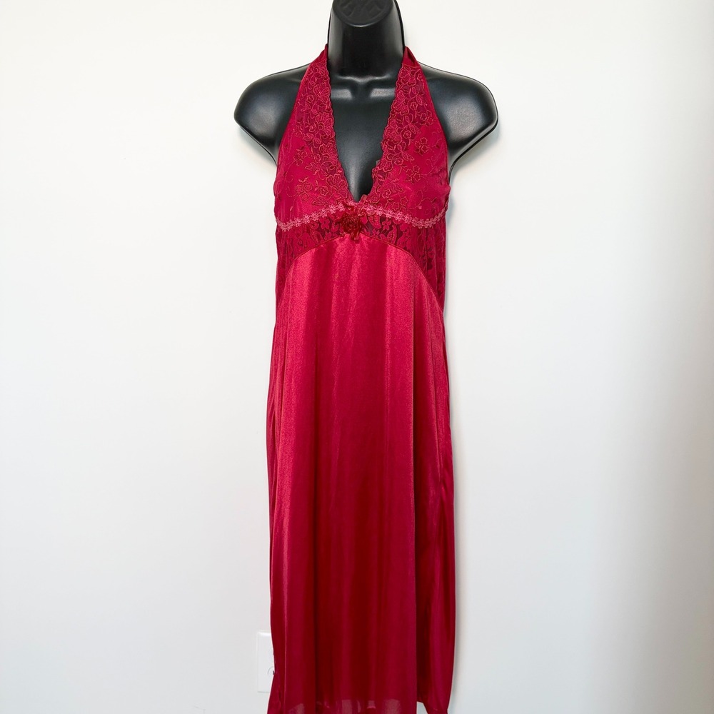 Vintage Halter Nightgown Lace Satin Romantic Red L Romantic Coquette Glamour